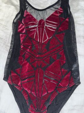 ASOS PETITE Velvet Geometric Mesh Bodysuit in Wine Red & Black